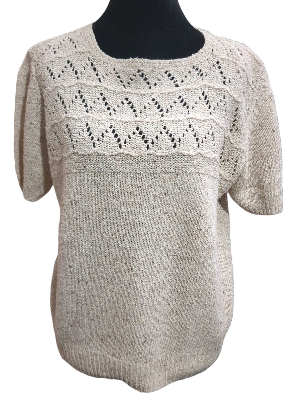 Susan Bristol Large Silk Blend Hand Framed Knit Short Sleeve Sweater Beige
